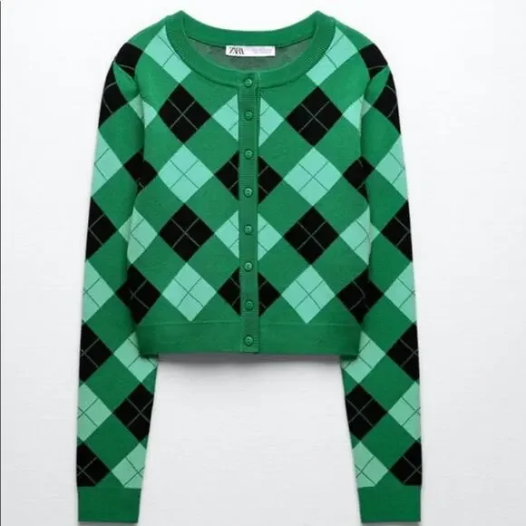 Zara Black Green Argyle Knit Cardigan Bloggers Favorite Size Medium - Picture 3 of 6